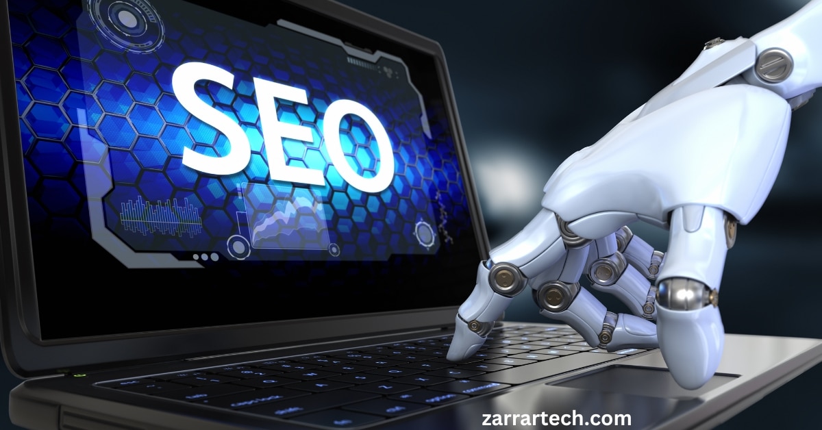 seo written on pc with robotic hands